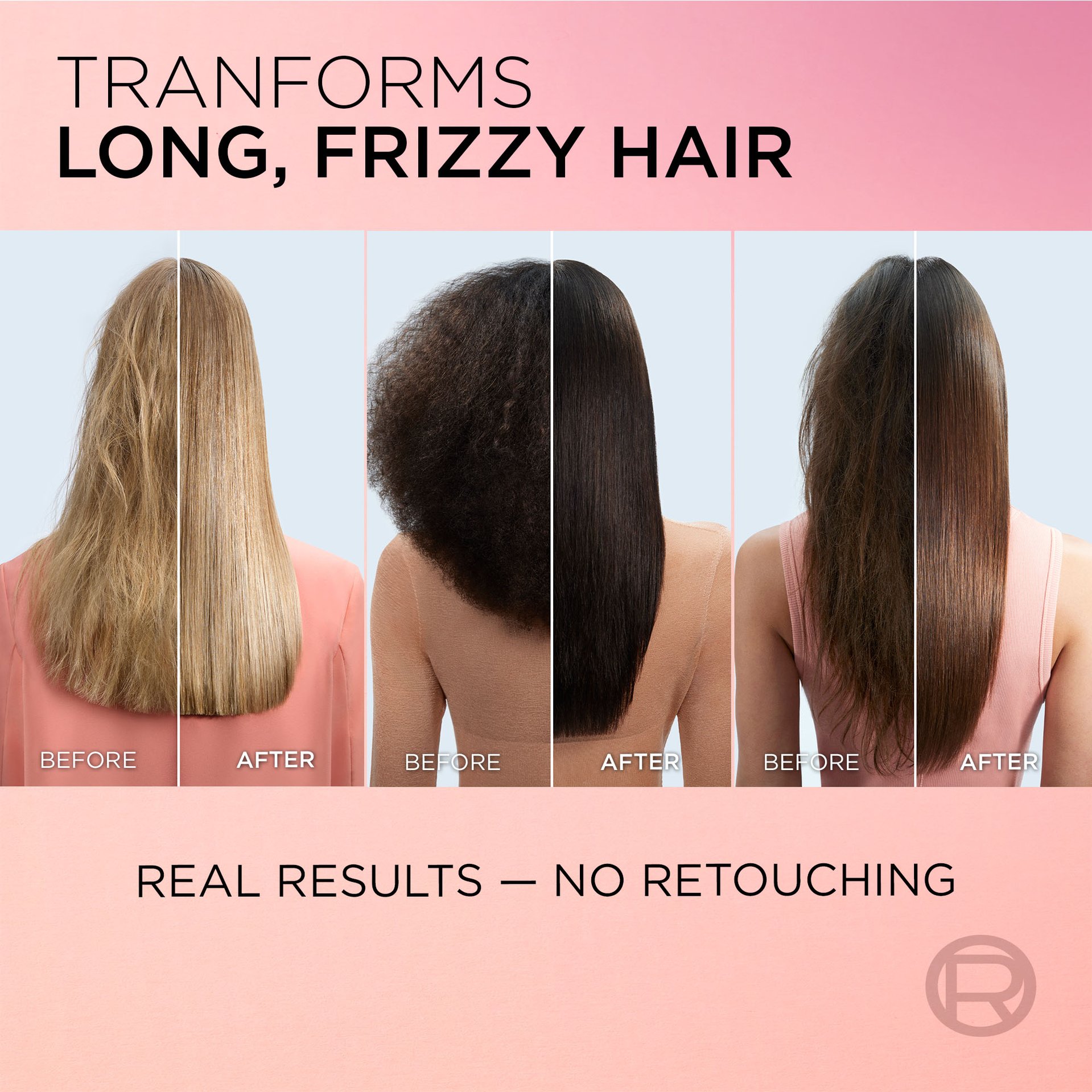 3 heads of women from behind before and after using Dream length sleek conditioner with long, frizz-free hair